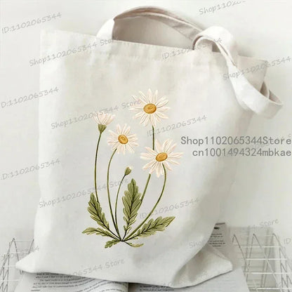 Fashion Canvas Tote Bag Oil Painting Wildflowers Print Lady Shoulder Shopping Bag Plant Style Daisy Vintage Flower Women Handbag