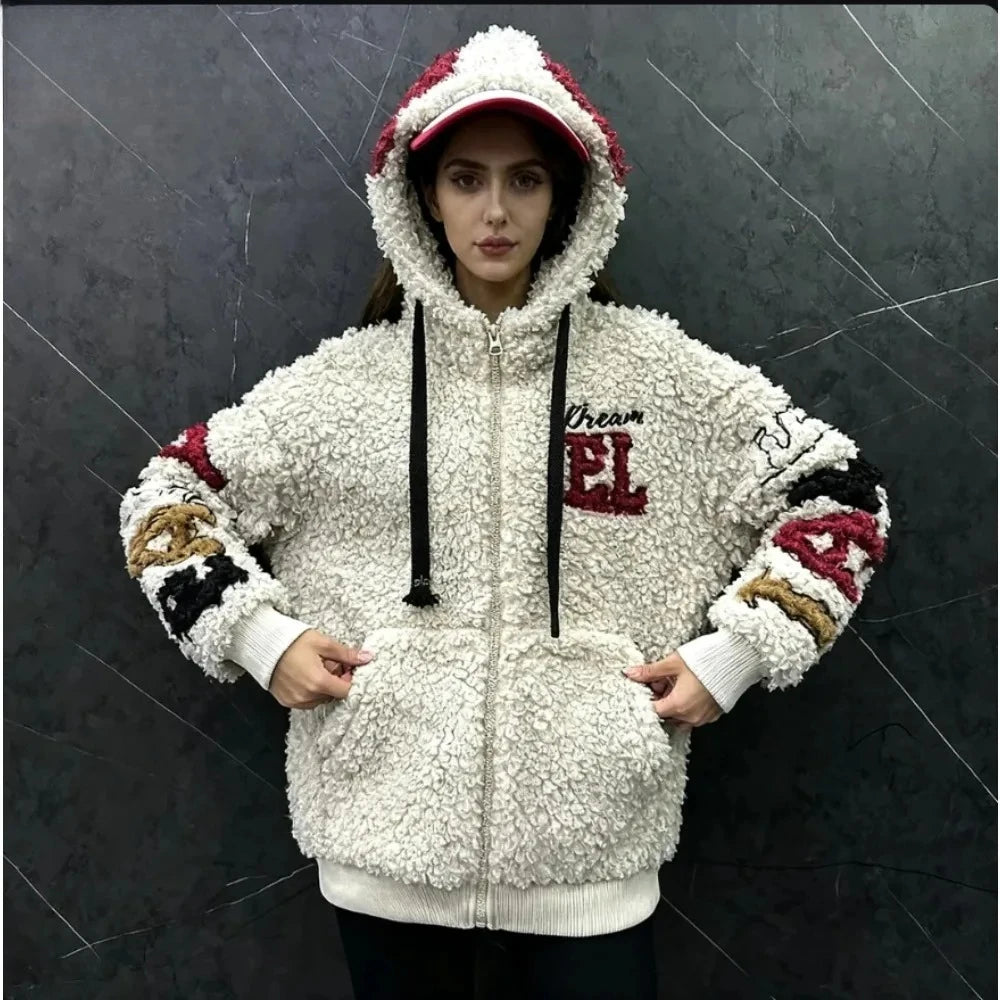 2026 Autumn and Winter Cartoon Minnie Lamb Wool Hooded Cardigan Jacket Women's Loose Casual Sweet Top