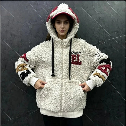 2026 Autumn and Winter Cartoon Minnie Lamb Wool Hooded Cardigan Jacket Women's Loose Casual Sweet Top