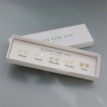 5-Pair Simple Zircon Flower Love Butterfly Earrings Weekly Gift Box for Women's Daily Personalized Festival Anniversary Gift