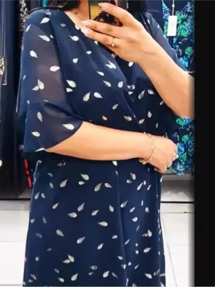 Fashion Print Midi Dress Summer Round Neck Short Sleeve Casual Loose Dress Elegant Women Splice Chiffon A Line Dresses Vestidos