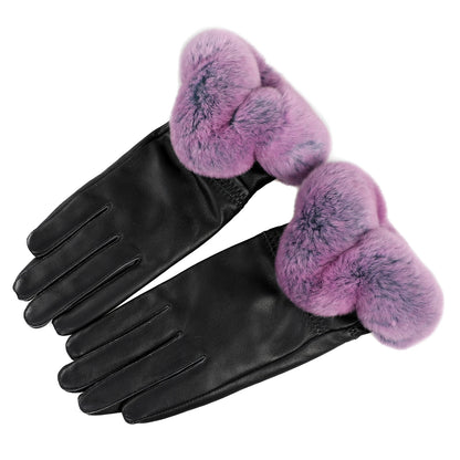BOONJOVIA Elegant Women's Winter Warm Genuine Leather Gloves With Rex Rabbit Fur Trim Cuffs Velvet Lined