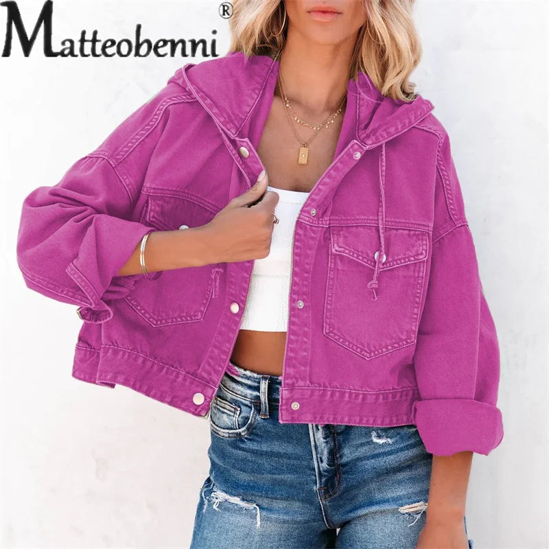 Autumn Winter Drawstring Hooded Denim Jackets Women Loose Long Sleeve Outerwear Female Single-breasted Splice Pocket Short Coats