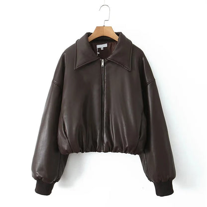 YENKYE Women Black Coffee Faux Leather Jacket Coat Long Sleeve Zipper Motorcycle Outerwear Female Autumn Winter Warm Coat Short