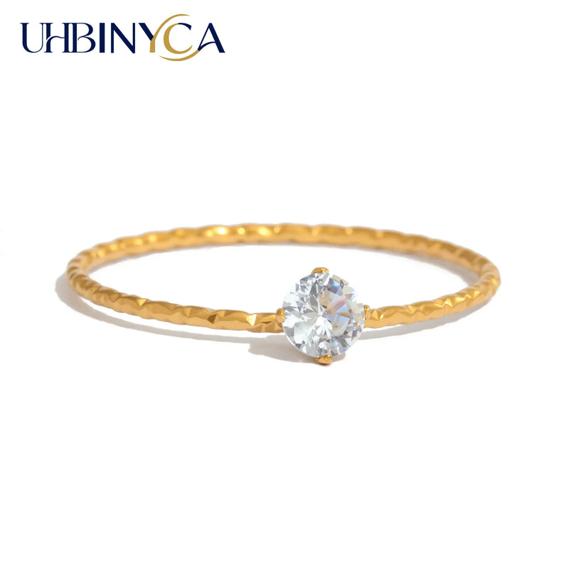 Ultra Thin Mini Ring for Women, Single Zirconia Gold Plated Stainless Steel, Hypoallergenic Dainty Minimalist Jewelry