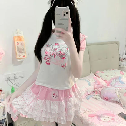 Sweet Japanese Elastic Waist Pink Polka Dot Skirts Kawaii Fashion Patchwork Loose Short Skirt Women's Design Bow Lovely Outfits