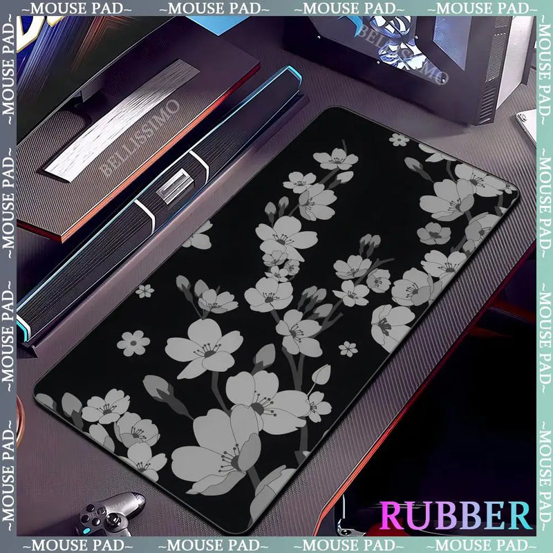 Black rubber mouse pad with white flower computer keyboard mouse pads office computer accessories pad game non-slip desk mat