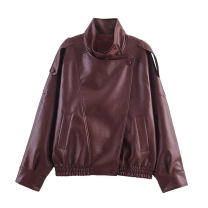 KONDALA Casual Chic Black Leather Jackets Women Long Sleeve Buttons Elastic Oversized Coats Fashion 2026 Spring Streetwear Coats