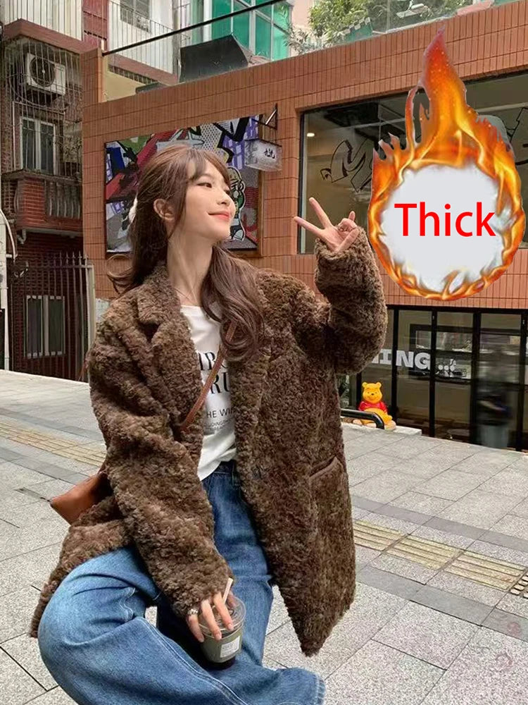 Autumn Faux Lambs Women Coats Y2K Winter Plush Thick Warm A Button Casual Jacket Korean Streetwear All Match Hairy Outerwear