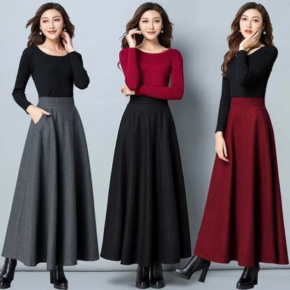 Autumn Winter Black Gray Large Size Woolen Long Skirt Women Fashion Korean Ladies Red High Waist Festival Pleated A-line Skirts