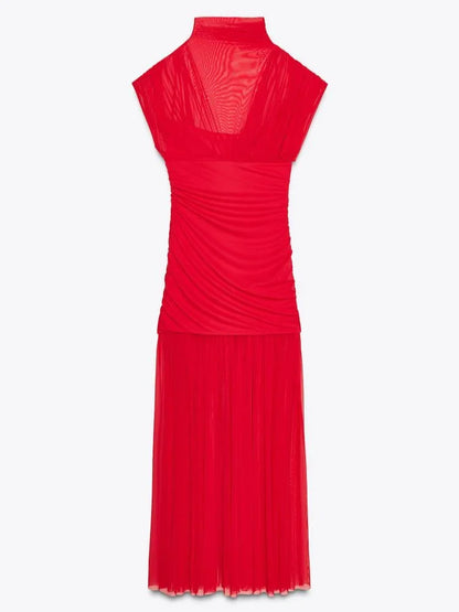 Chic Red Pleated Evening Party Long Dresses Elegant Fly Sleeve Mesh Patchwork Maxi Dress Women Summer Vacation Beach Vestidos