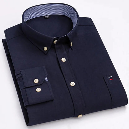 Men's Long Sleeve Oxford Dress Shirt 100% Cotton Plaid Checkered Chest Pocket Button Down Collar Casual Shirts
