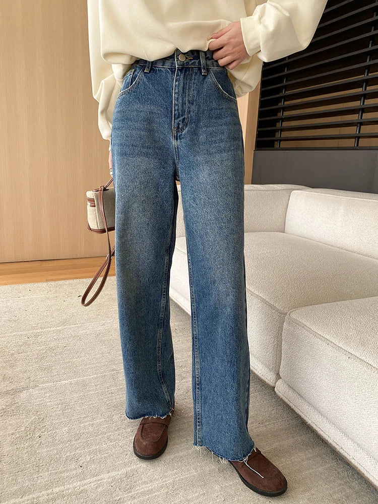 [LANMREM] Rough Edge Design Jeans Women High Waist Straight Wide Leg Denim Trousers Office Lady Clothing 2025 Autumn New 26C168