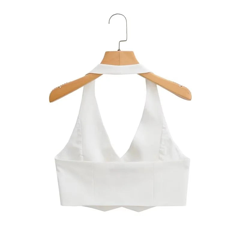 KEYANKETIAN Summer New Single-Row Buttoned-Up Hanging Neck Ultra Short Waistcoat Vest Women's Casual Backless Suspender Top