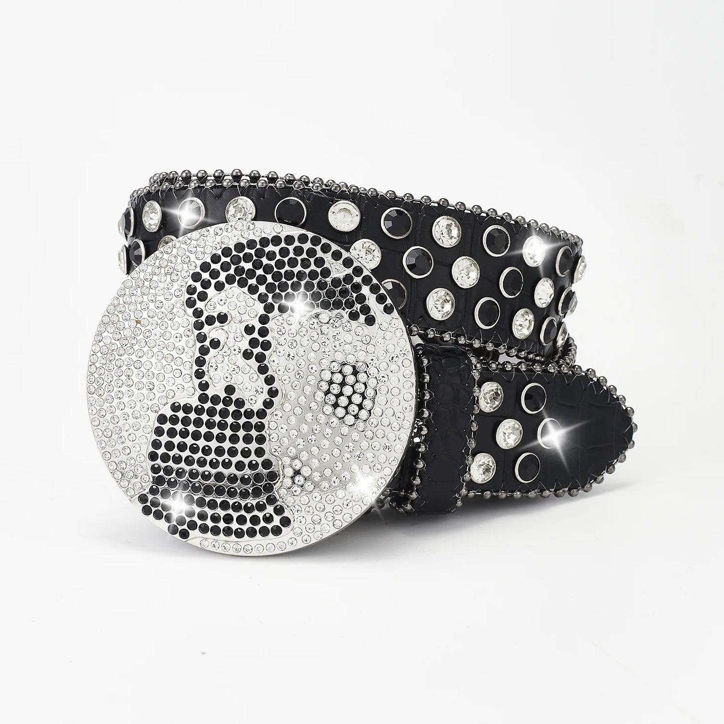 Western Leather belt BlingBling Diamond round buckle water Crystal diamond belt punk style Unisex PU Synthetic belt