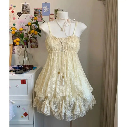 Summer Japanese Style Kawaii Lolita Dress Women Vintage Sweet Lace Bow Ruffles Cake Dresses Harajuku Y2k Slim Bandage Dress