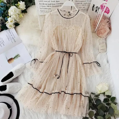 Women Dress Star Shiny Sequin Star Flare Sleeve Lace Up Priceess Korean Fashion Solid Color Elegant Mesh Lace Summer Clothing