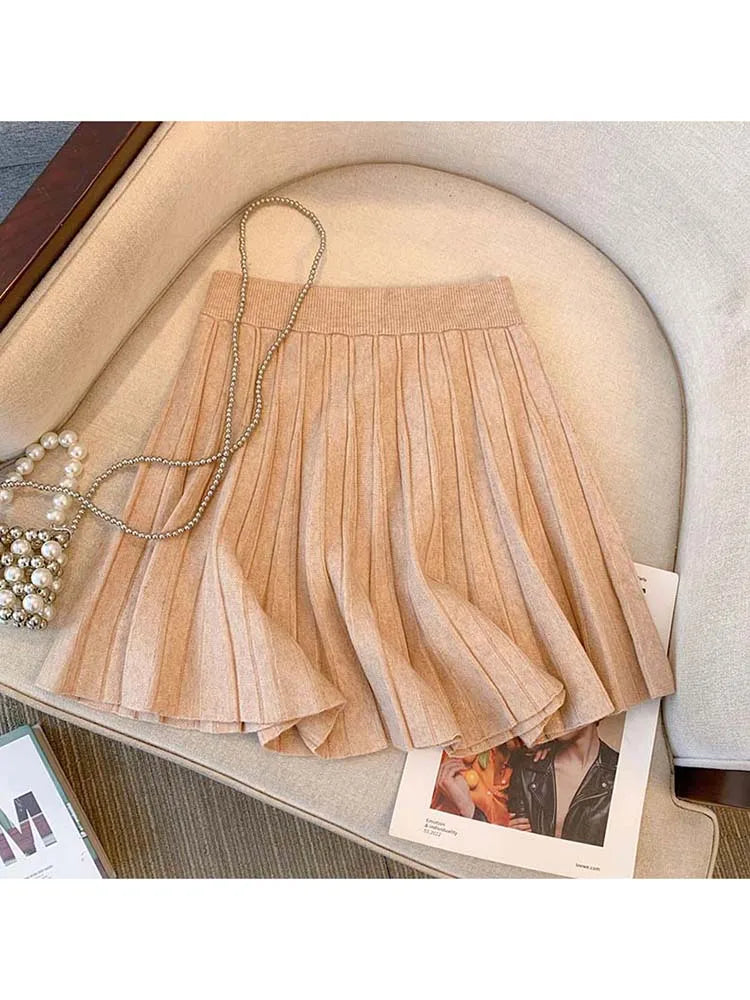 Autumn Winter Knitted Pleated Skirts Women's Elastic High Waist A-Line Umbrella Skirts Casual Sexy Slim Short Mini Skirts