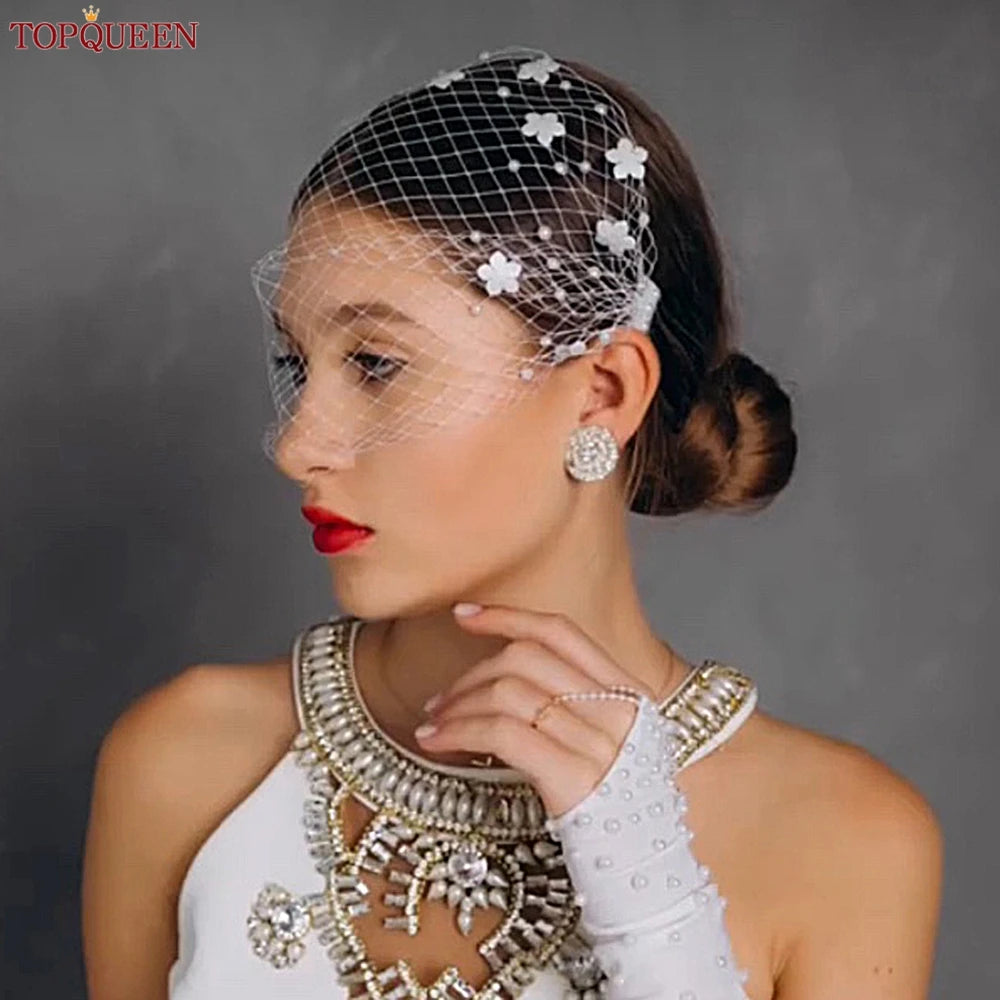 TOPQUEEN VA15 Russian Tulle Cage Veil White Crinoline Face Veil Headband Fascinator Cocktail Hats Bridal Hair Accessories