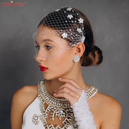 TOPQUEEN VA15 Russian Tulle Cage Veil White Crinoline Face Veil Headband Fascinator Cocktail Hats Bridal Hair Accessories