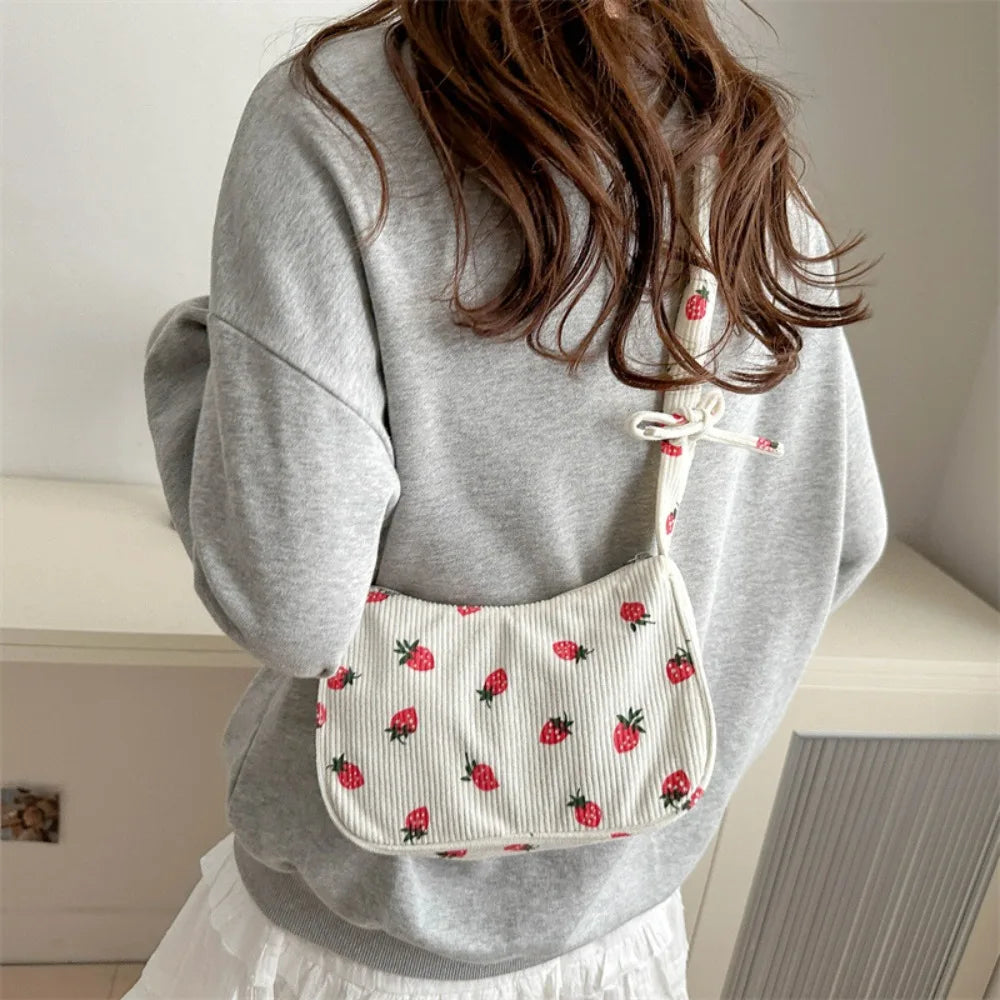 New Large Capacity Corduroy Tote Bag Women Girl Y2k Strawberry Shoulder Bag Sweet Trendy Zipper Underarm Bag Crossbody Bag