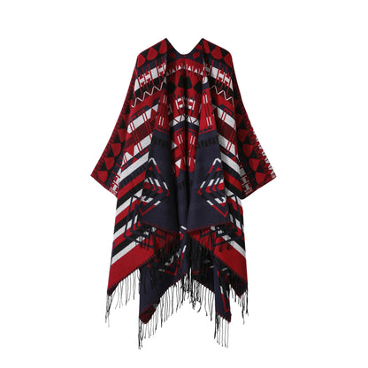 Poncho New Split Warm Shawl Vintage Ethnic Style Scarf Imitation Cashmere Tassel Women Cape Lady Cloak Warm Coat Khaki