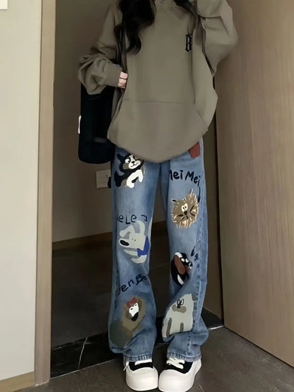 American Style Summer Jeans Women's High Waist Pockets Letter Printing Zipper Washing High Street Casual Wide Leg Straight Pants