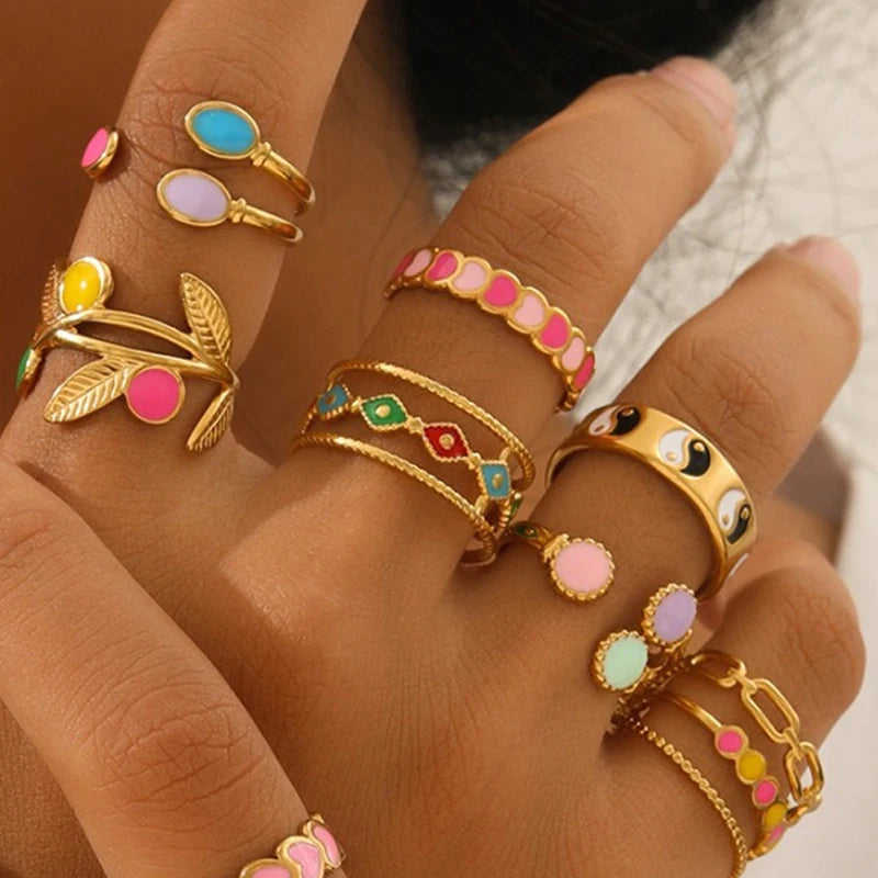 Boho Enamel Geometric Leaf Sunflower Open Rings Gold Plated Stainless Steel Rings For Women Aesthetic Couple Party Jewelry Gifts