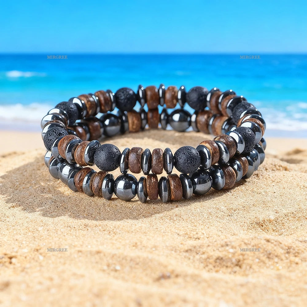 2pcs Men's Natural Stone Bead Bracelet Set, Handmade Retro Outdoor Style Men's Jewelry, Men's Gift
