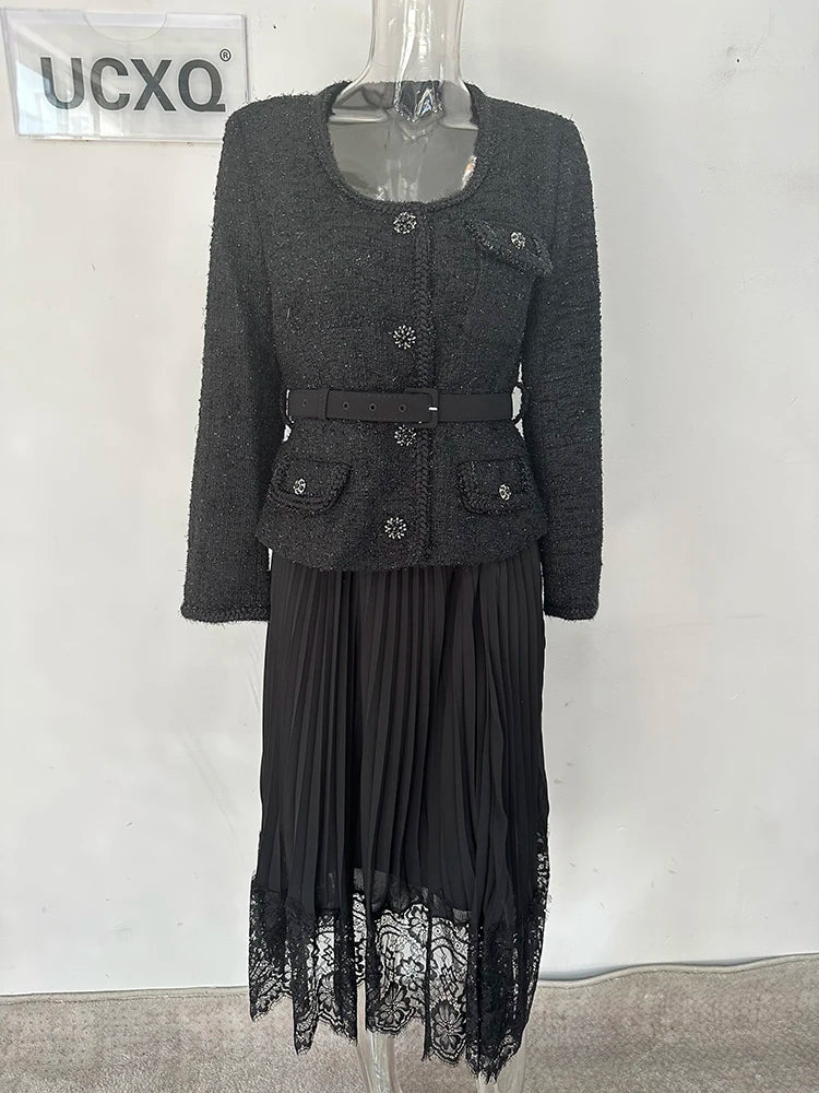 UCXQ Vintage Beading Buttons O-neck Black Dress With Belt Summer 2023 Women Evening Dresses Ladies Wedding Party Clothes Tide