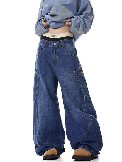 HOUZHOU Vintage Y2k Baggy Jeans Women Hip Hop Grunge Blue Denim Trousers Oversized American Retro Street Gothic Pants Aesthetics