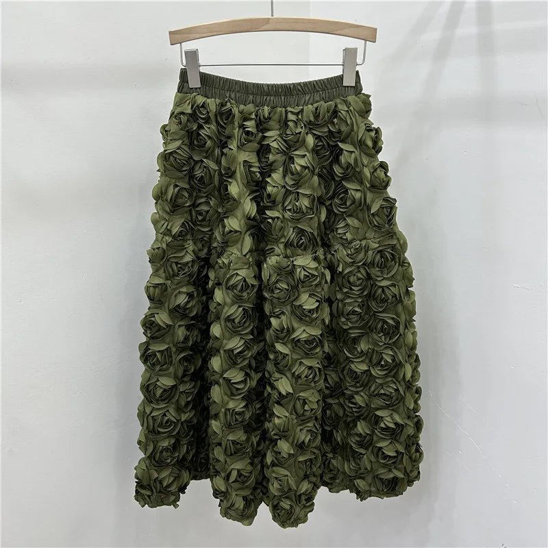 Chic 3D Floral Skirt for Women Temperament Jupe 2025 Faldas Mujer De Moda High Waist Loose Saia A-line Sweet Solid Color Skirts