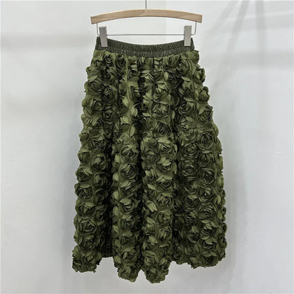 Chic 3D Floral Skirt for Women Temperament Jupe 2025 Faldas Mujer De Moda High Waist Loose Saia A-line Sweet Solid Color Skirts