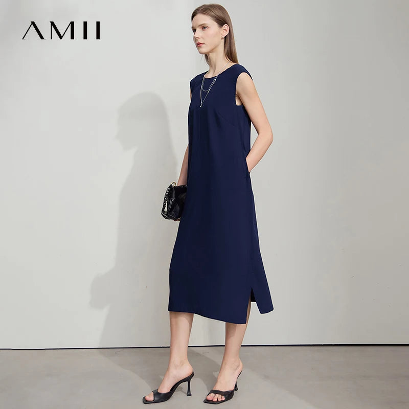 AMII Minimalist Office Lady Dress Women Summer 2025 Sleeveless Solid Round Neck Loose Chiffon Dresses Female Fashion 12522075