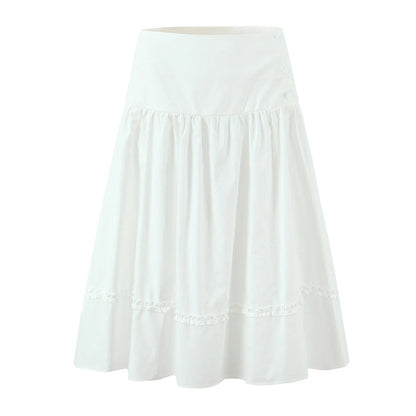 New 2025 Holiday Buttons Low Waist Midi Long Skirt Women Spliced Ruched Wood ears Swing A-lined Skirts Boho Yellow White