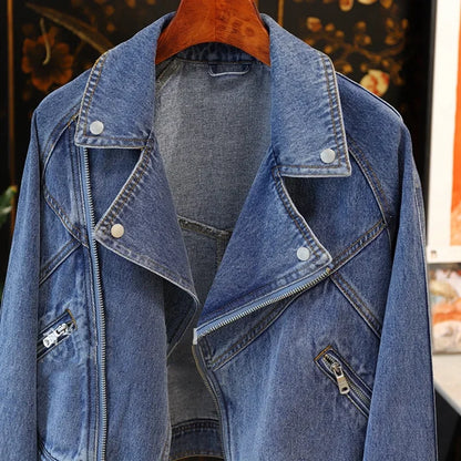 Spring Autumn Women Denim Jacket Casual Lady Moto Biker Coat Vintage Lapel Zipper Jacket