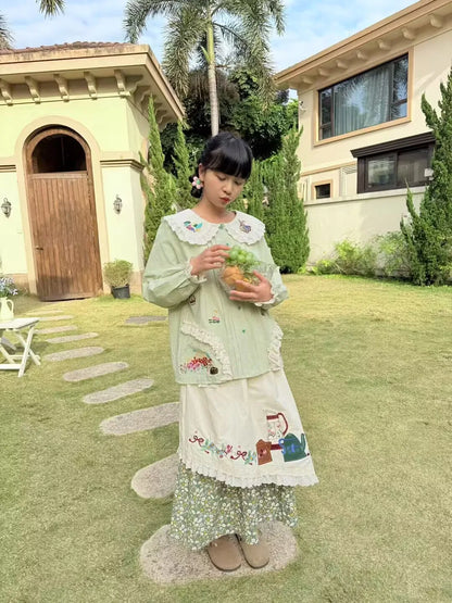 Japanese Mori Girl Spring Sweet Patchwork Lace Elastic Waist A- Line Skirt Vintage Embroidery Cotton Skirt Jupe Femme Faldas