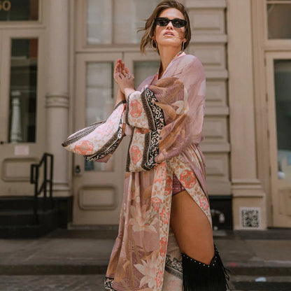 Floal Bikini Cover-ups Pink Boho Print Self Belted Front Open Long Kimono Dress Beach Tunic Women Swim Suit Cover Up