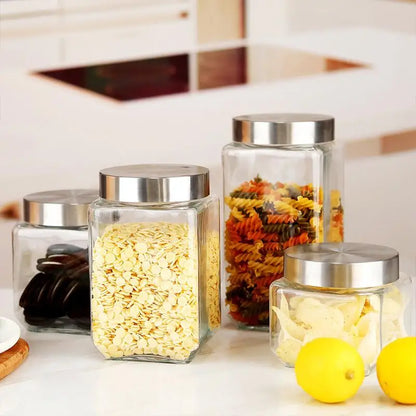 Glass Jar Stainless Steel Lid Storage Essentials Square Airtight Glass Jars For Storing Kitchen Grains