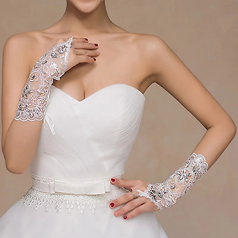 Lace Fingerless Elbow Length Bridal  Gloves with Rhinestone for Women Paragraph White Wedding Accessories