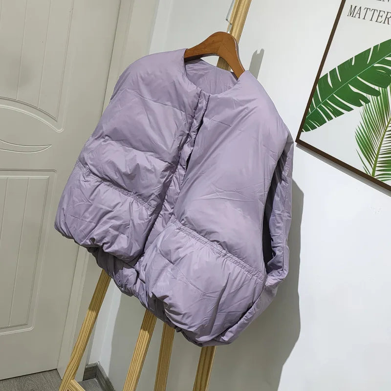 2024 New Autumn Korean Chic Down Vest O-neck Loose Solid Casual Sleeveless Parkas All-match Zipper Jacket Waistcoat Female