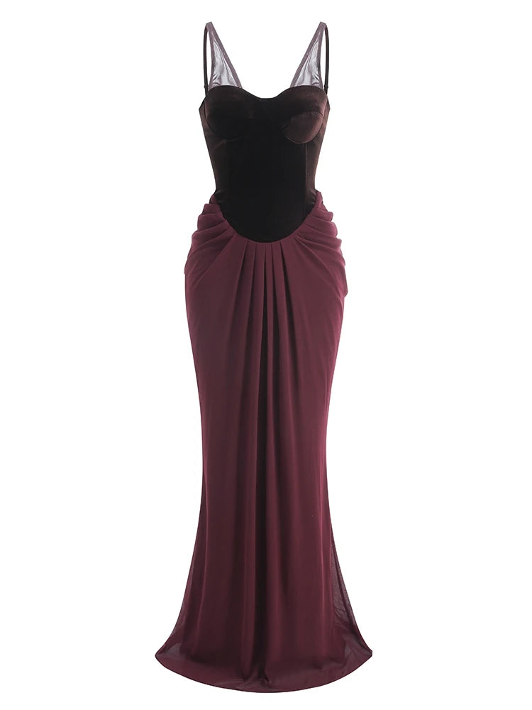 New Sexy Mesh Straps Velvet Corset Patchwork Long Dress Women Sleeveless Backless Folds Slim Dresses Elegant Evening Party Gowns