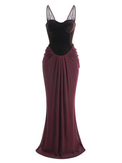 New Sexy Mesh Straps Velvet Corset Patchwork Long Dress Women Sleeveless Backless Folds Slim Dresses Elegant Evening Party Gowns