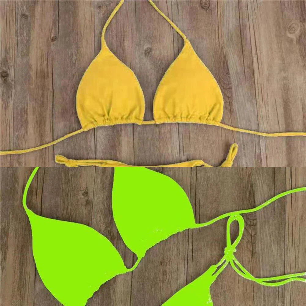 Sexy Women Thong Solid Color Bikini Set Side Halter Tie Swimsuit Ladies Split Strap Adjustable Brazilian Swimwear Soft Beachwear