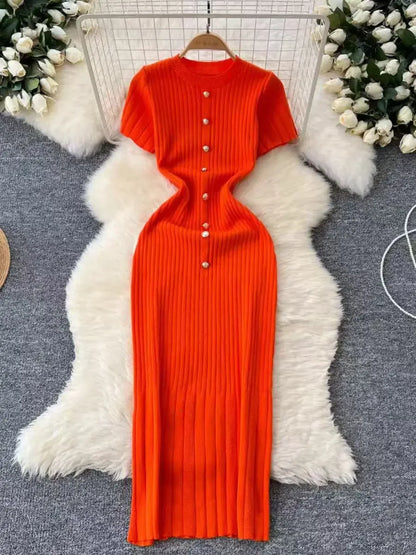Chic O-neck Elegant Short Sleeve Slim Single Breasted Knit Dress High Street Women Vintage Korean Office Lady Casual Clothing