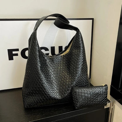 Women's Retro Artificial Leather Woven Pattern Shoulder Bag,Large Capacity Tote Bag,Casual Armpit Bag, Large Tote Bag,Daily Work