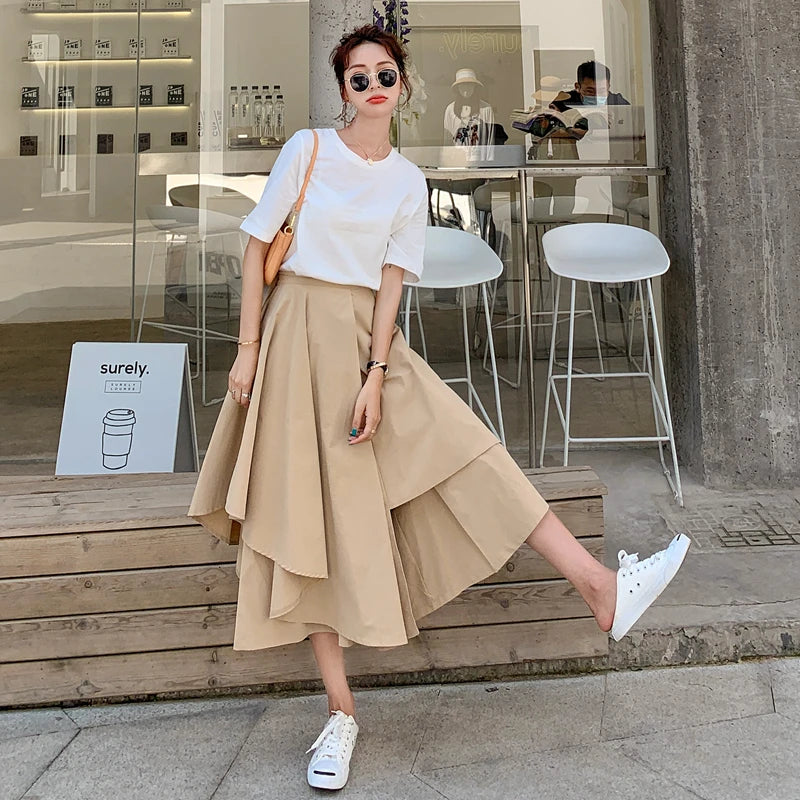 Asymmetrical Skirts Women Fashion Korean Elegant Sweet Females Design High Waist Lovely Solid Casual Summer Clothes Vintage New