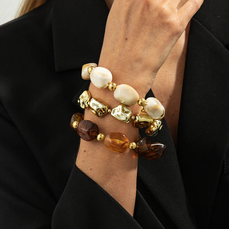 SHIXIN 3Pcs/Set Vintage Resin Acrylic Beaded Bracelets for Women Trendy Irregular Stackable Elastic Bangle Party Jewelry Gift