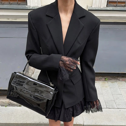 Linad Vintage Black Slim Lace Coats For Women Elegant Notched Collar Jackets Street Chic Long Sleeve Outerwear Lady 2025 Autumn