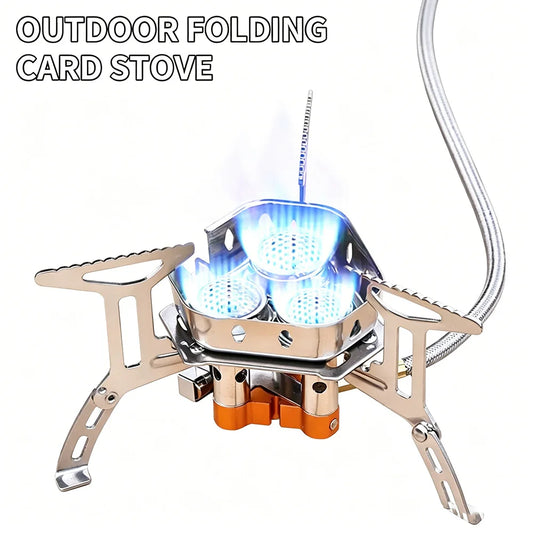 Portable 3 Burner Camping Gas Stove Foldable Windproof Outdoor Card Type Stove Mini High Power Backpacking Gas Cooker for Picnic